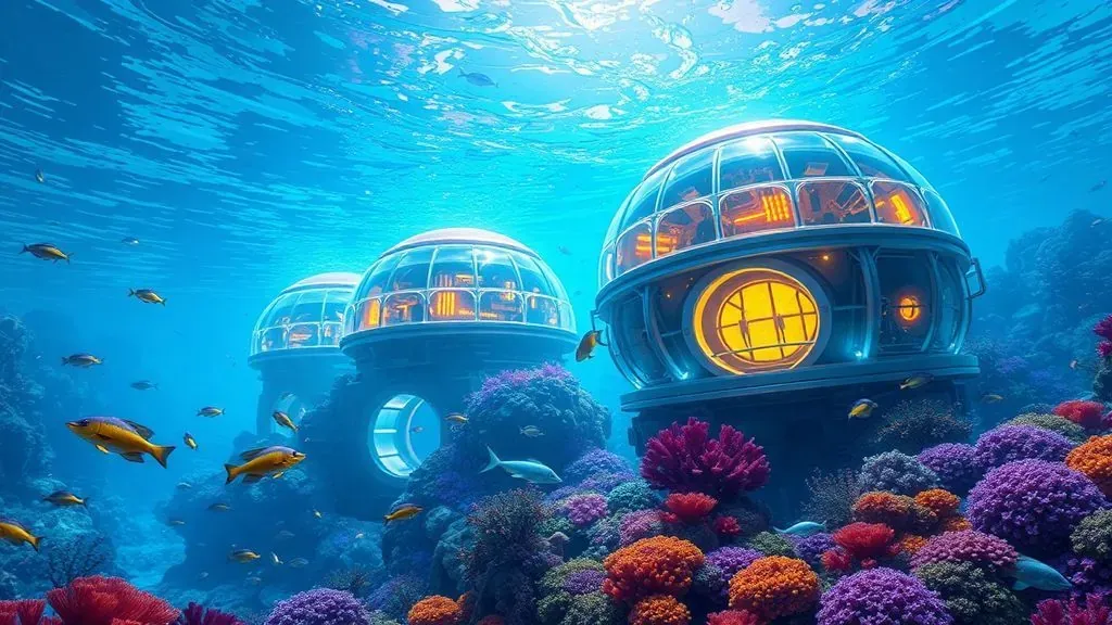 Representación artística de una ciudad futurista bajo el mar con cúpulas de cristal y túneles rodeados de corales y peces.