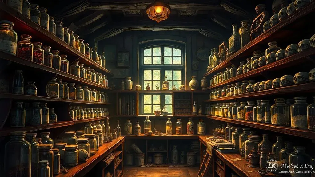 Interior de una antigua botica del siglo XVII con frascos, cráneos y polvos medicinales, evocando la historia del canibalismo medicinal.