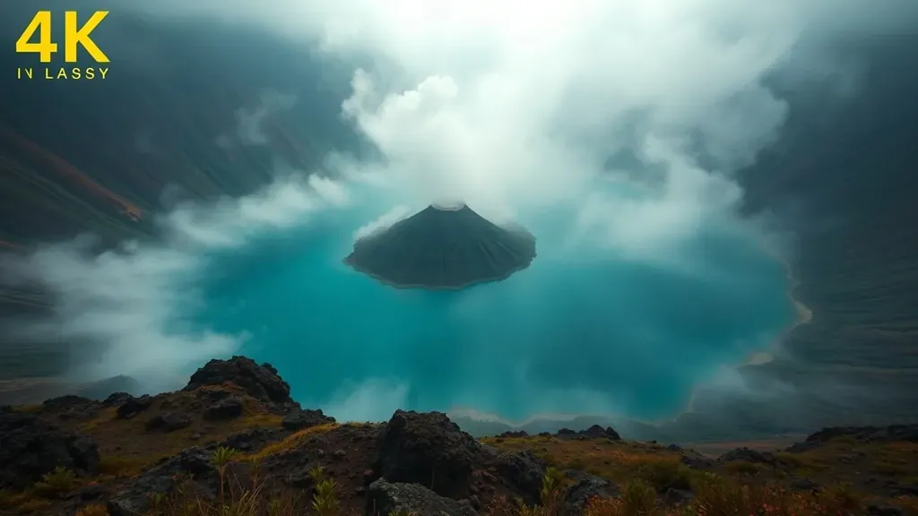 Paisaje de un lago volcánico misterioso con niebla densa y atmósfera sombría, representando el peligro de las erupciones límnicas.