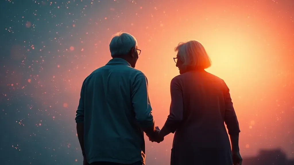 Representación artística de una pareja de ancianos entrelazando sus manos, con un estilo cinematográfico que evoca melancolía y conexión eterna.