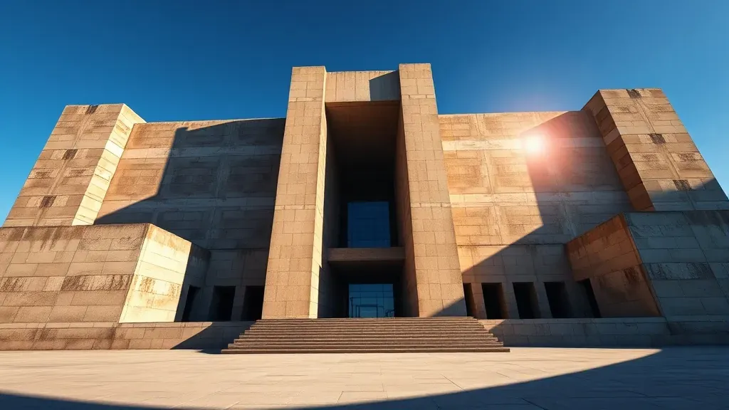 Fotografía arquitectónica de un edificio brutalista con bloques de hormigón masivos y sombras geométricas bajo un cielo despejado.