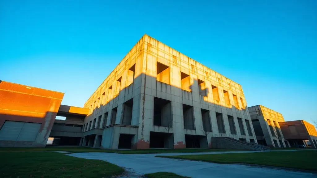 Fotografía de arquitectura brutalista que muestra un edificio masivo de hormigón con formas geométricas complejas bajo la luz dorada del atardecer.