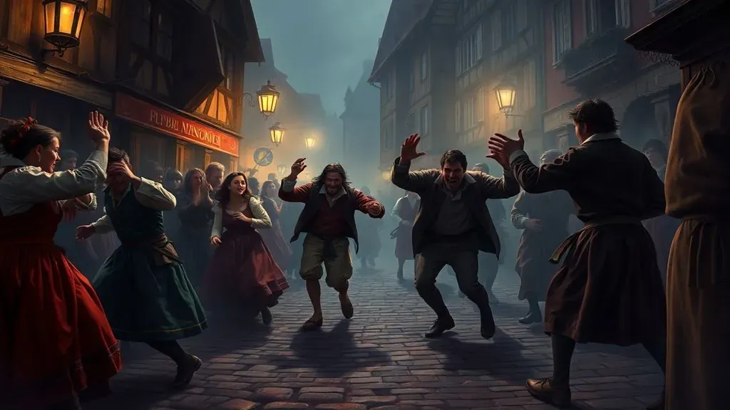 Una pintura oscura y detallada que representa a personas en ropa medieval bailando frenéticamente en una calle empedrada de Estrasburgo durante la epidemia de baile de 1518.