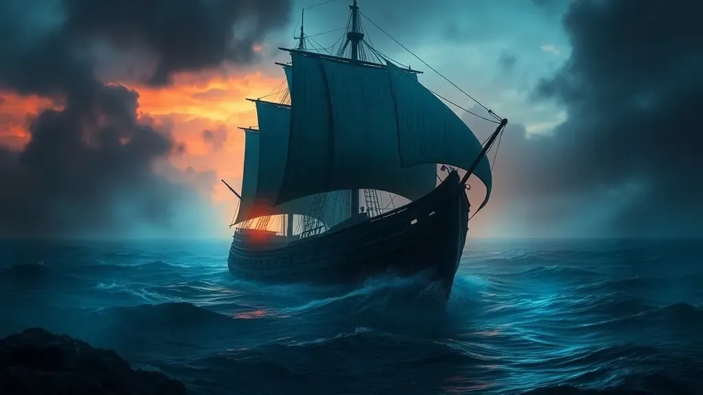 Un antiguo barco velero abandonado y fantasmagórico navegando a la deriva en medio de un océano oscuro, rodeado de niebla espesa y atmósfera misteriosa.