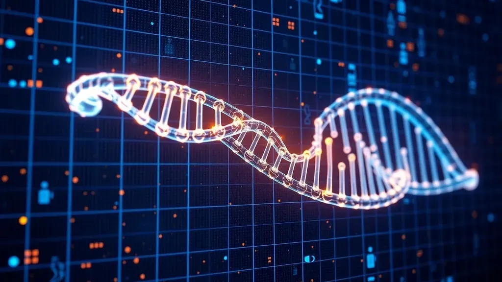 Representación visual de una doble hélice de ADN brillante integrada en una interfaz digital, simbolizando la edición genética asistida por IA.