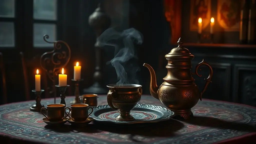 Café turco servido en una mesa antigua con una cafetera de cobre, rodeado de sombras y un ambiente histórico misterioso.