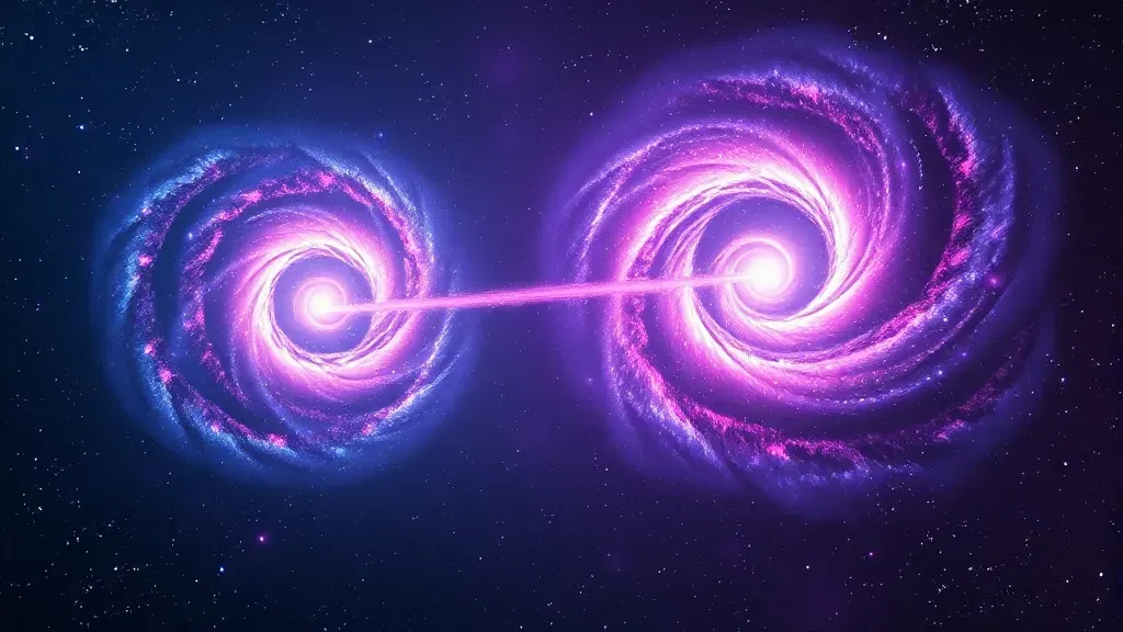Dos galaxias espirales chocando en el espacio profundo, mostrando ríos de estrellas y nubes de gas brillante en un fenómeno de canibalismo cósmico.