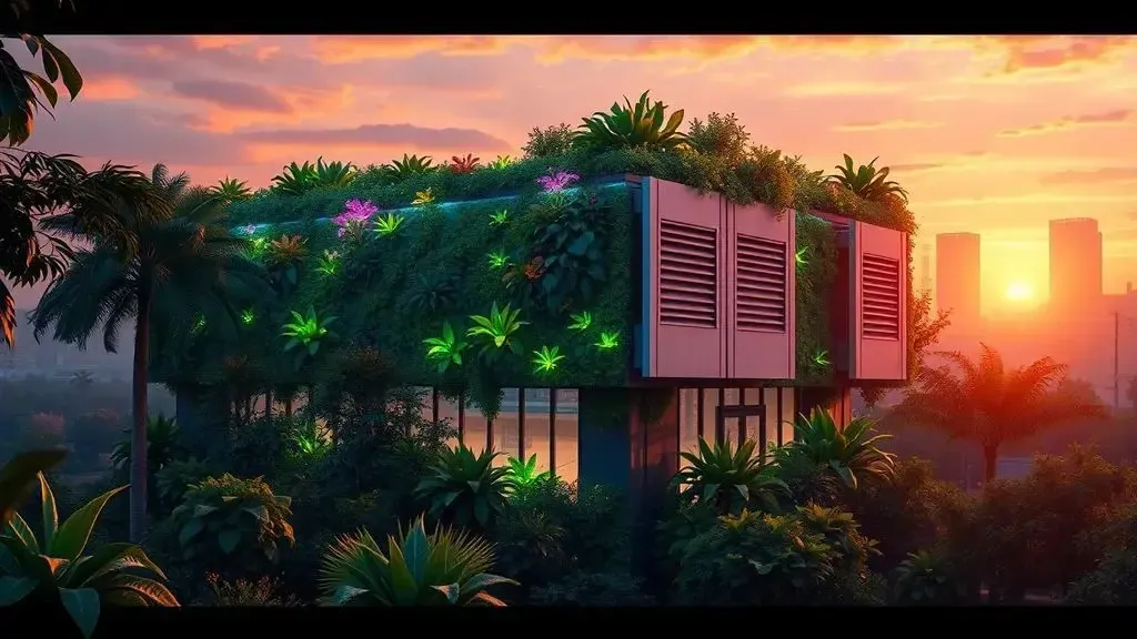 A futuristic architectural concept of a building covered in bioluminescent plants and smart, lung-like ventilation shutters t