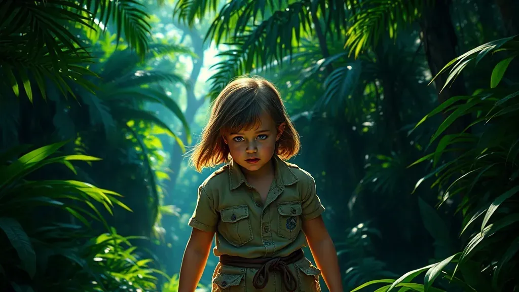Una joven caminando por la selva amazónica con ropa de los años 70, reflejando una historia de supervivencia increíble.