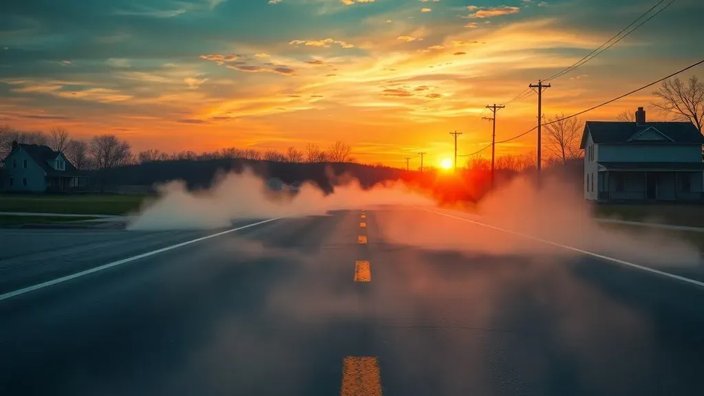 Una calle desierta en Centralia con humo saliendo de grietas en el asfalto, transmitiendo una sensación de misterio y abandono.