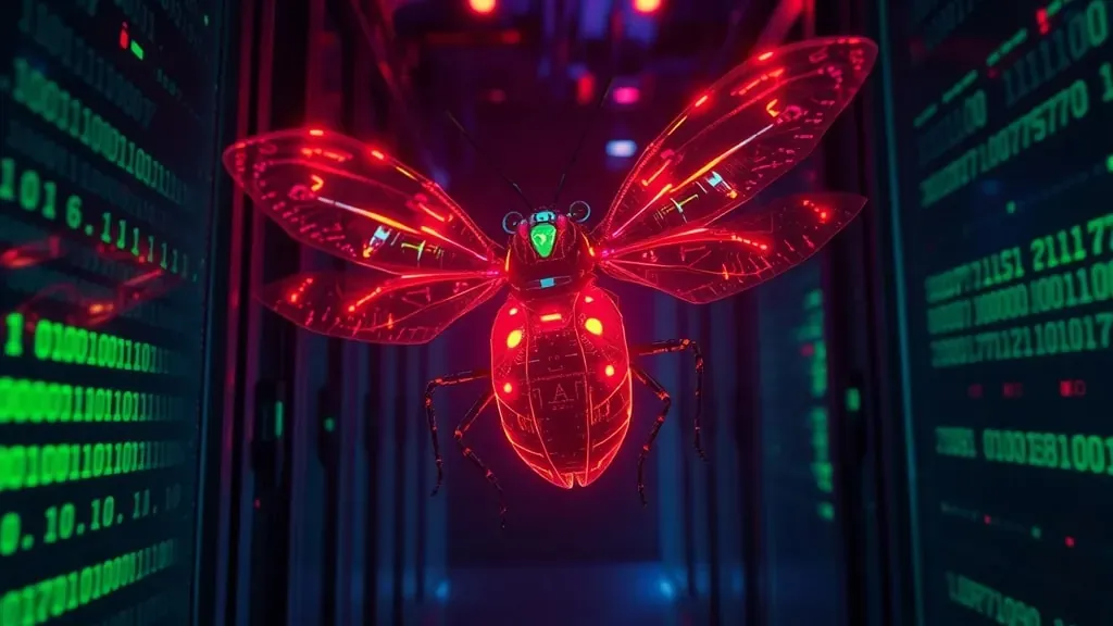 Cigarra hecha de circuitos electrónicos y código binario en una habitación oscura de servidores, representando el misterio de Cicada 3301.