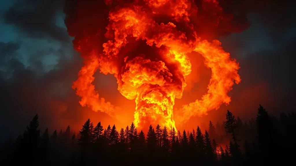 Un impresionante tornado de fuego girando en medio de un bosque denso con humo espeso y llamas brillantes durante el atardecer.