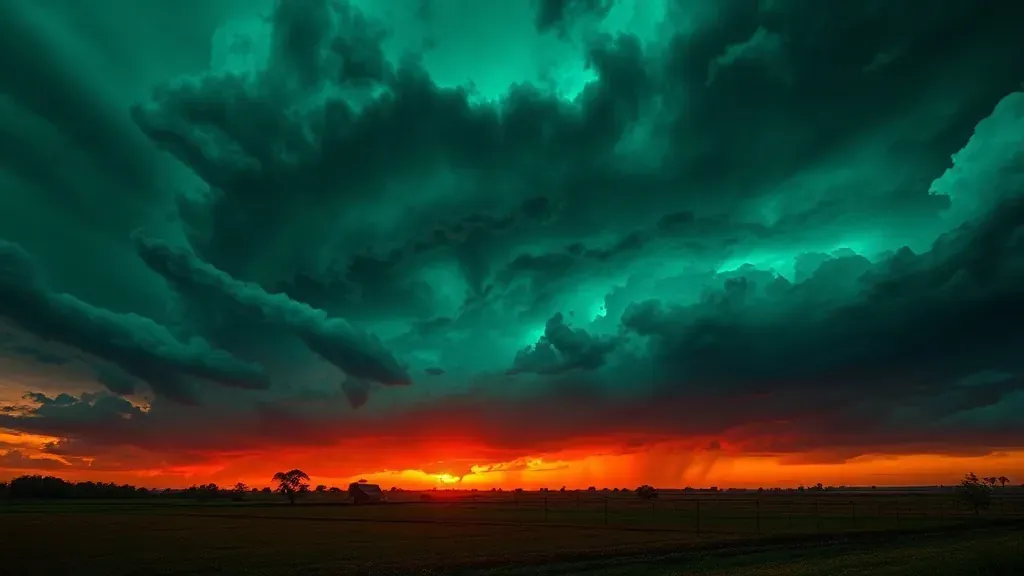 Un paisaje con un cielo de color verde esmeralda muy intenso y nubes de tormenta amenazantes antes de un tornado.