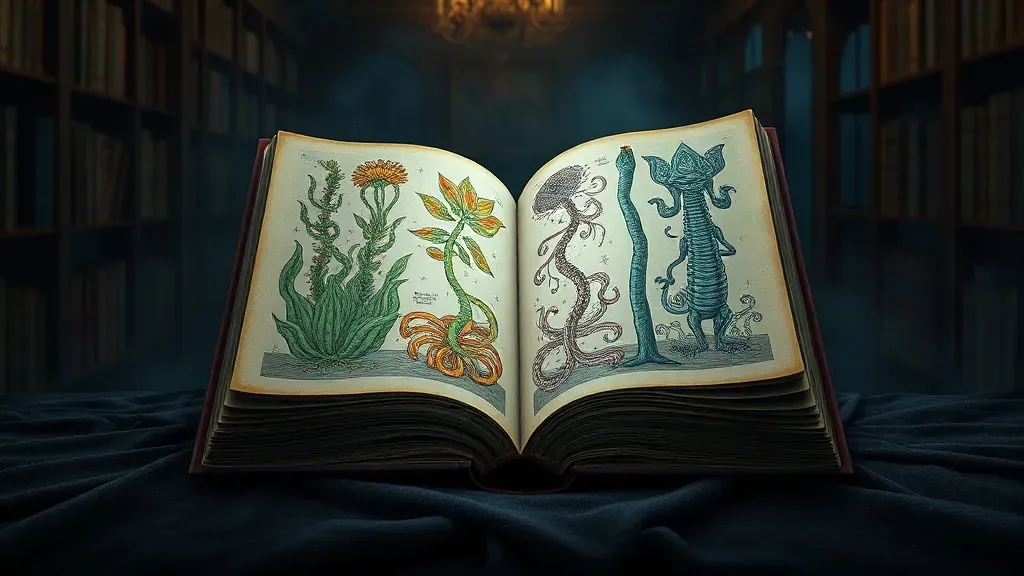 Libro antiguo y misterioso abierto sobre una mesa, mostrando ilustraciones surrealistas de criaturas extrañas y lenguaje indescifrable.