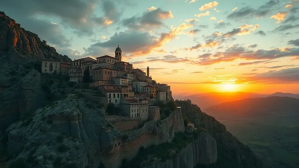 Vista panorámica del pueblo fantasma de Craco, Italia, con casas de piedra antiguas sobre un risco al atardecer.