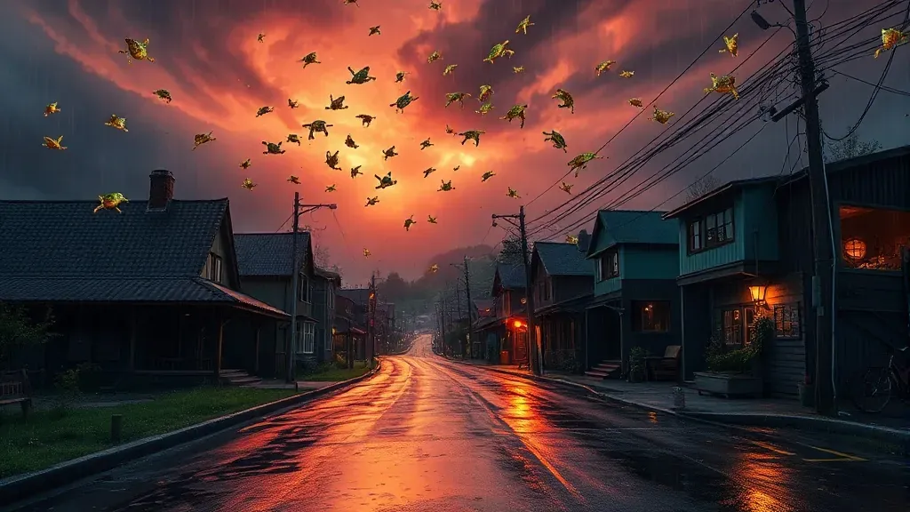 Una calle rural durante una tormenta con pequeñas ranas cayendo del cielo sobre el pavimento mojado, estilo cinematográfico.