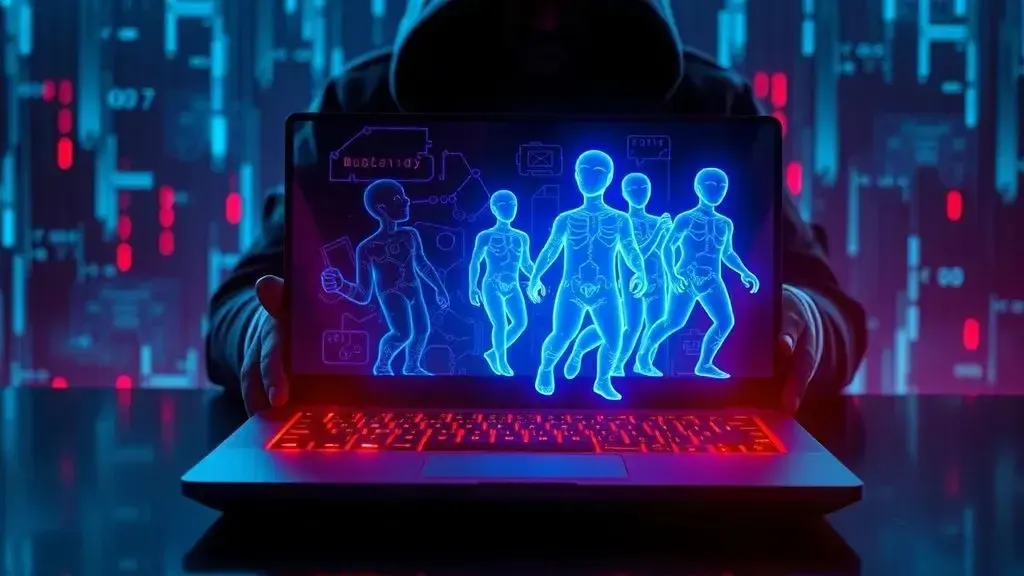 showing a futuristic laptop with glowing blue circuits turning into ghostly, translucent figures. In the background, a dark,