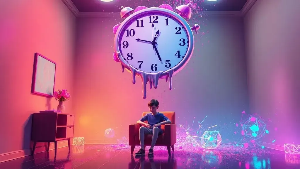 of a young person sitting in a chair, with a giant, melting clock floating above them. The room is dissolving into colorful g
