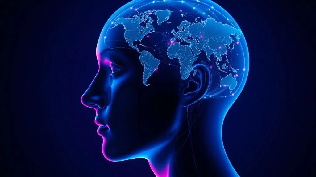 Representación artística de un cerebro humano conectado con redes neuronales brillantes y siluetas de mapas, simbolizando el Síndrome del Acento Extranjero.