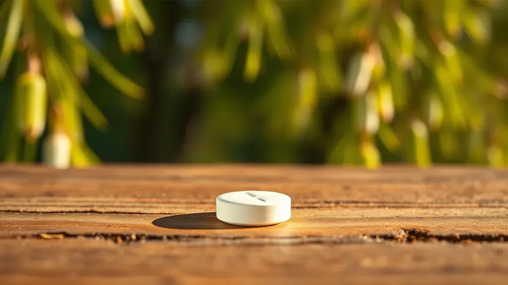 Una pastilla blanca de aspirina sobre una superficie de madera rústica con ramas de sauce desenfocadas al fondo, representando el origen natural del medicamento.