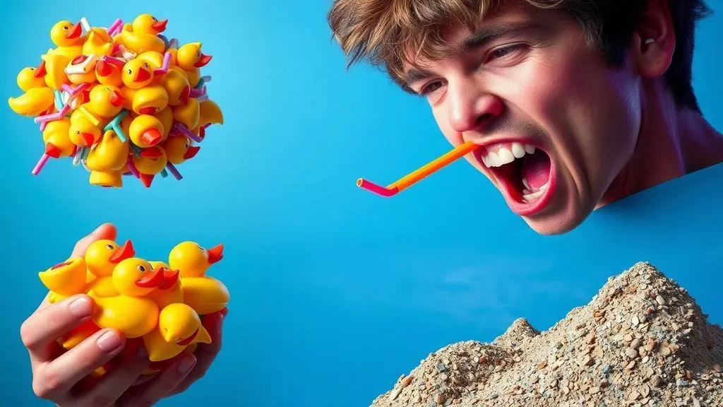 Un collage colorido y surrealista que muestra varios récords mundiales absurdos, incluyendo patitos de goma y elementos peculiares, con un estilo visual llamativo para redes sociales.