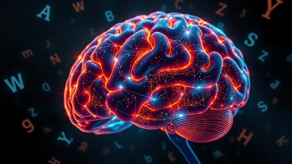 Representación artística de un cerebro humano con conexiones neuronales brillantes y letras de diferentes idiomas flotando a su alrededor.