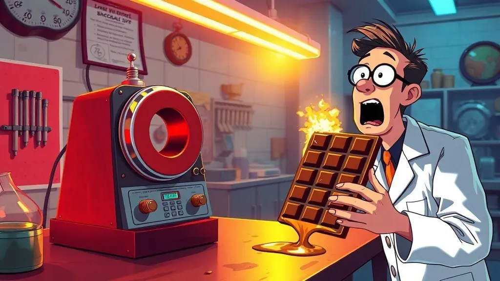 Un científico en un laboratorio de los años 40 sorprendido al ver un chocolate derretirse cerca de un equipo electrónico antiguo.
