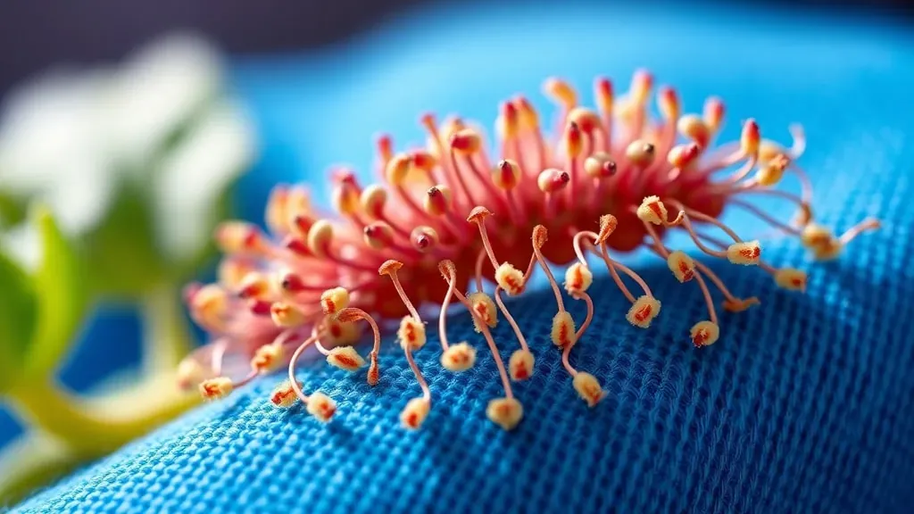 Primer plano macro de semillas de bardana con pequeños ganchos pegadas a una tela azul, representando el origen del velcro.
