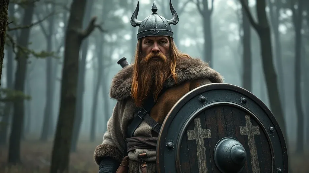 Guerrero vikingo con casco de hierro sencillo y realista en un bosque, sin cuernos, estilo histórico detallado.