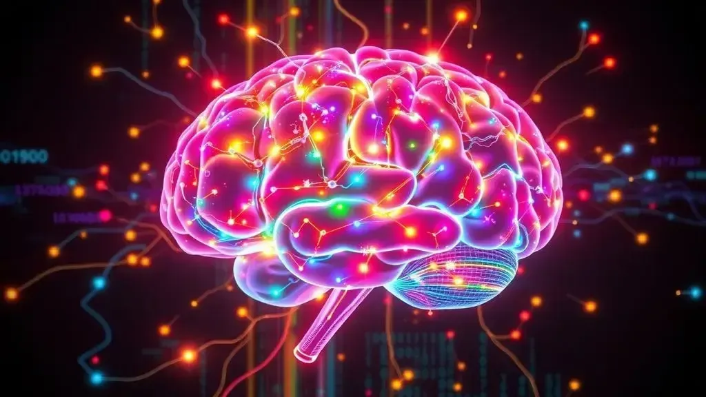 of a human brain glowing with colorful neural connections, set against a dark background with digital binary code and synapti