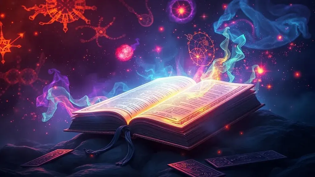 Imagen artística de un libro antiguo brillante rodeado de símbolos criptográficos y una nebulosa galáctica, representando los grandes misterios del universo.