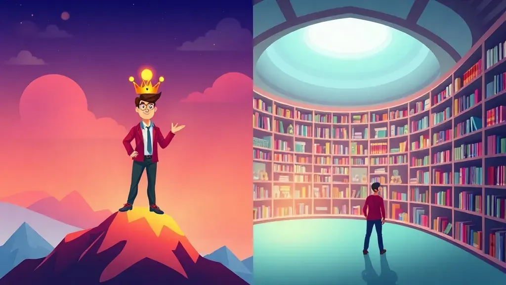 Ilustración dividida que muestra a una persona arrogante en una cima pequeña versus una persona humilde rodeada de libros, representando el efecto Dunning-Kruger.