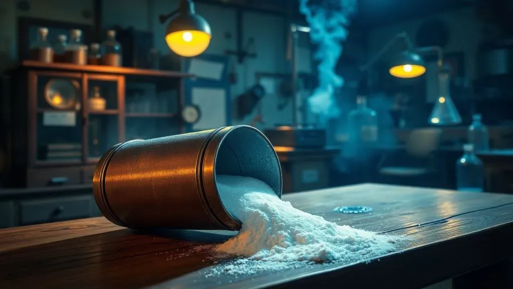 Científico en un laboratorio antiguo observando un polvo blanco brillante que sale de un cilindro de metal cortado, estilo vintage cinematográfico.