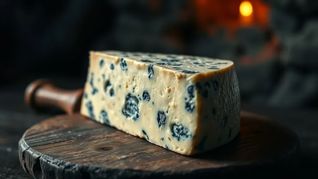 Primer plano de un trozo de queso azul con vetas marcadas sobre una tabla de madera rústica en una cueva iluminada con luz tenue.