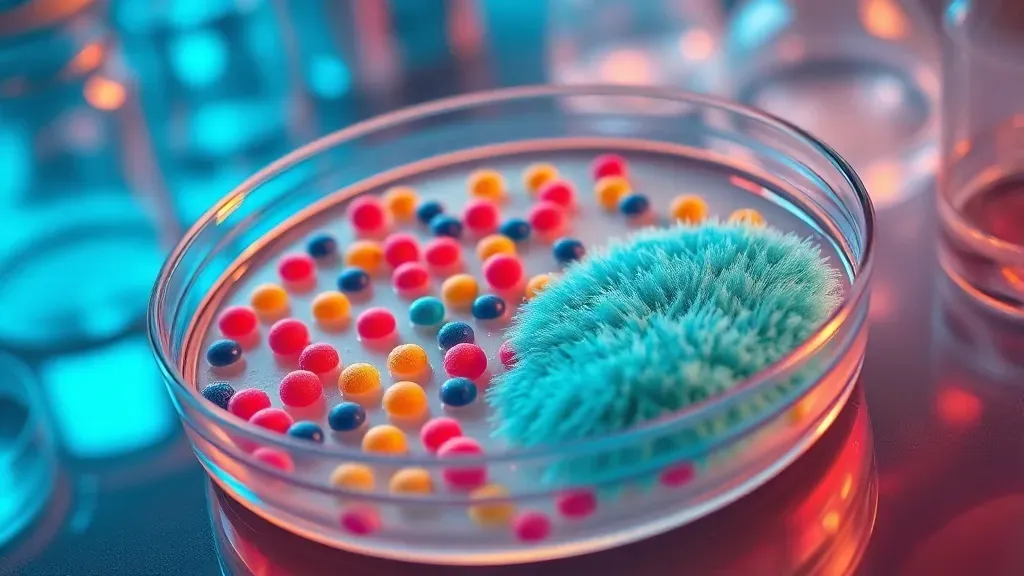 Placa de Petri con moho de penicilina y colonias bacterianas en un laboratorio científico.