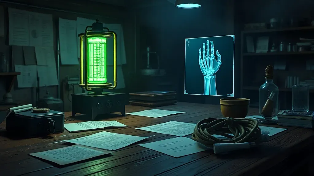 Imagen histórica recreada de un laboratorio del siglo XIX con un tubo de Crookes emitiendo un brillo verdoso y una placa de rayos X de una mano humana sobre una mesa de madera.