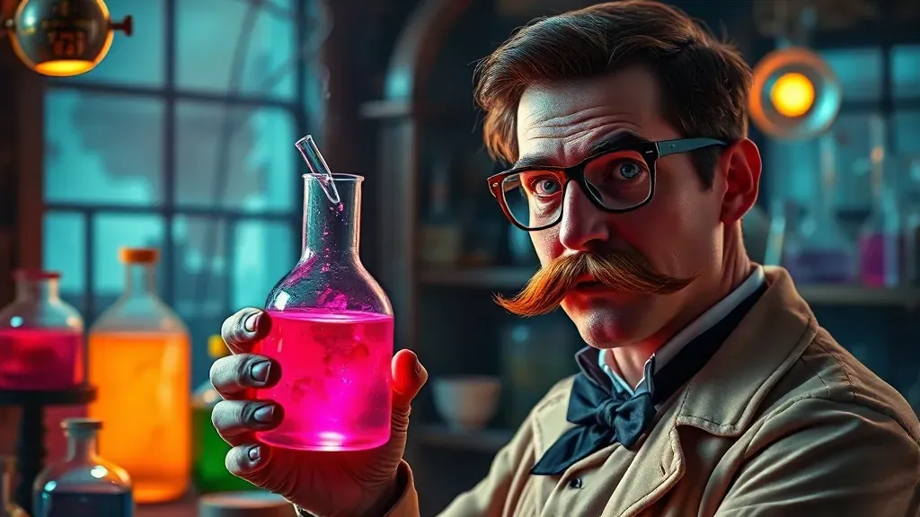 Un científico del siglo XIX en un laboratorio antiguo, sosteniendo un vaso de precipitados con líquido rosa brillante, estilo vintage y cinematográfico.