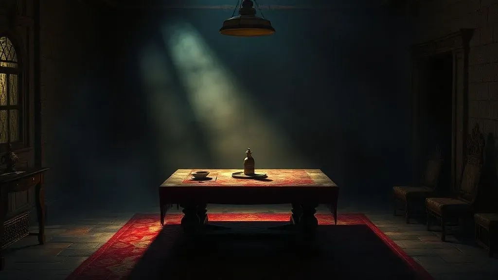 Imagen conceptual oscura y cinematográfica que representa el misterio y el tabú, con sombras sutiles y una atmósfera de suspenso en una mesa antigua.