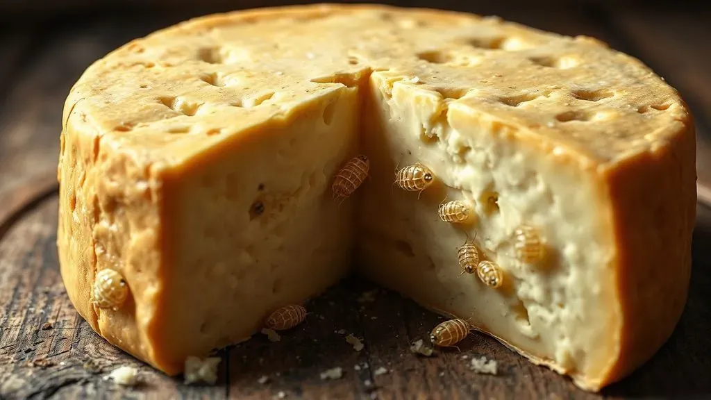Primer plano de un queso Casu Marzu cortado donde se aprecian las larvas en su interior, sobre una tabla de madera rústica.
