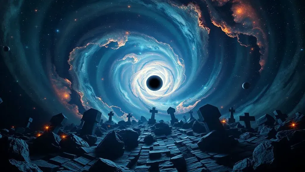 Una representación artística de un cementerio espacial con restos de estrellas moribundas, nebulosas oscuras y un agujero negro central distorsionando la luz de fondo.