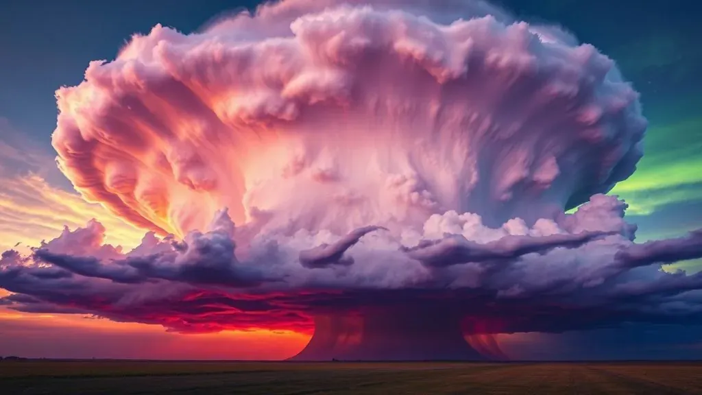 Una supercelda masiva y giratoria con nubes de tormenta de colores violetas y verdes intensos sobre un campo abierto durante el atardecer.