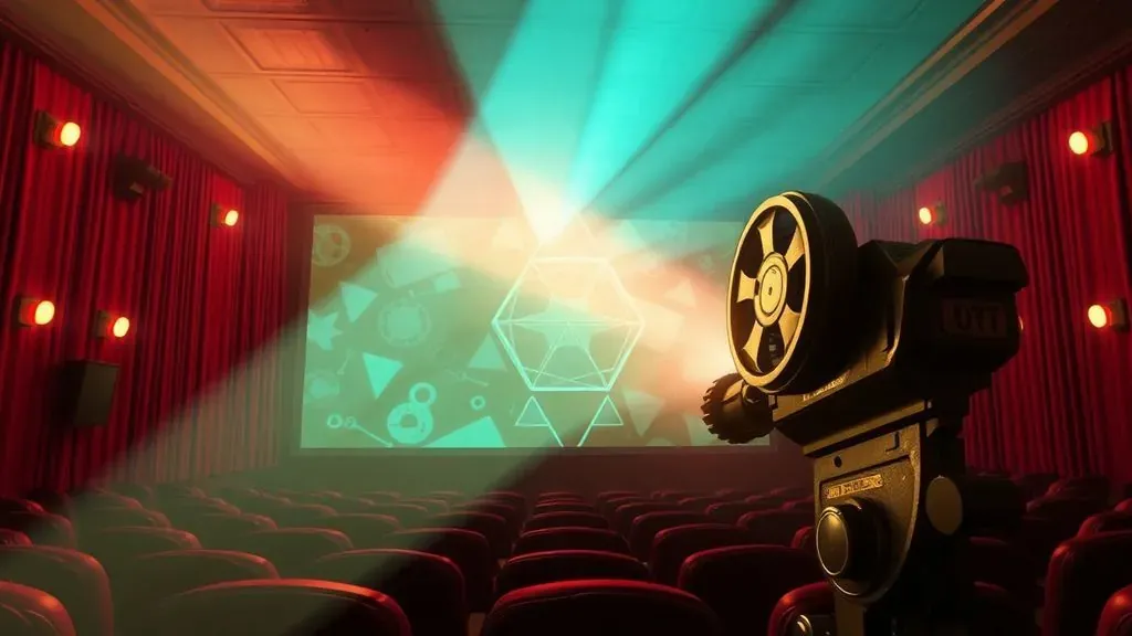 Un proyector de cine antiguo proyectando una película en una sala oscura donde se ven formas geométricas ocultas en la pantalla, estilo retro de los años 50.