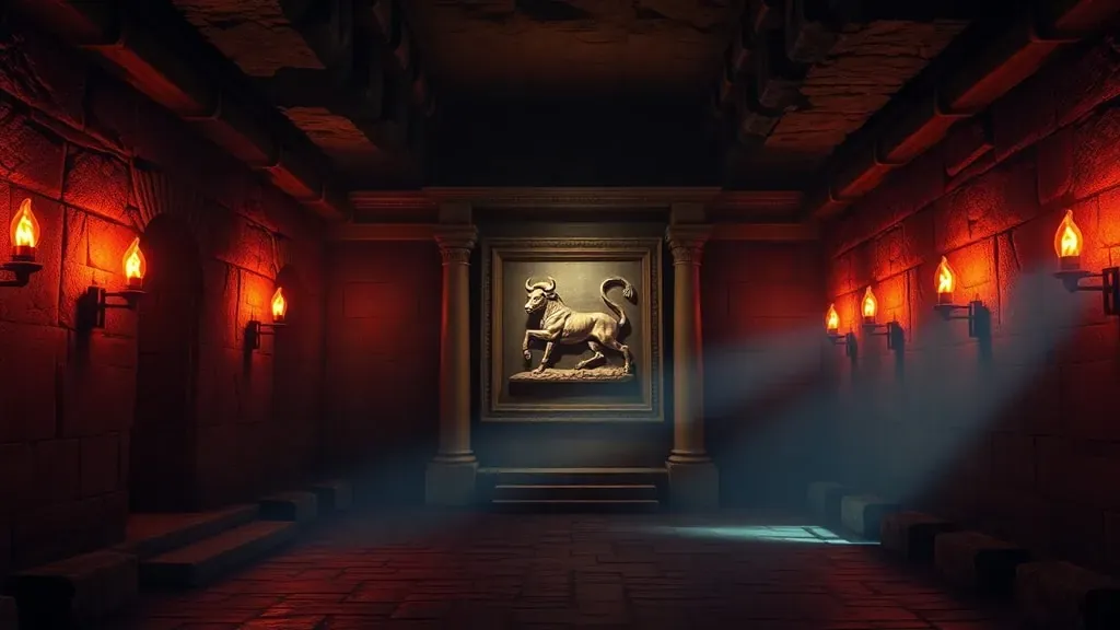 Recreación artística de un templo Mithraeum subterráneo con antorchas y relieves antiguos.