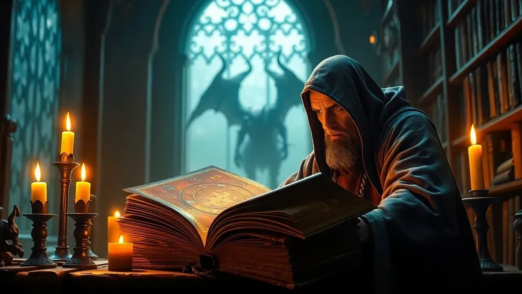 Un monje medieval en una biblioteca oscura frente al Códice Gigas, con una sombra demoníaca acechando al fondo.