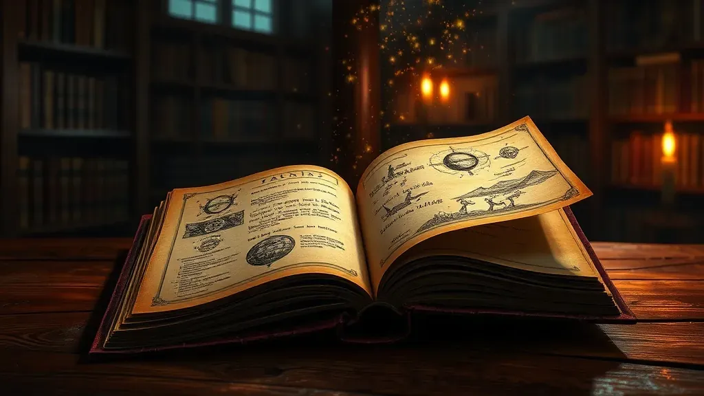 Libro antiguo y misterioso abierto sobre una mesa de madera con símbolos extraños y dibujos medievales en sus páginas, ambiente de biblioteca antigua.