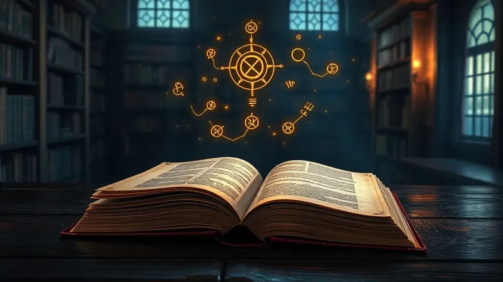 Un antiguo manuscrito abierto sobre una mesa de madera con símbolos enigmáticos, rodeado de una atmósfera de misterio y biblioteca antigua.