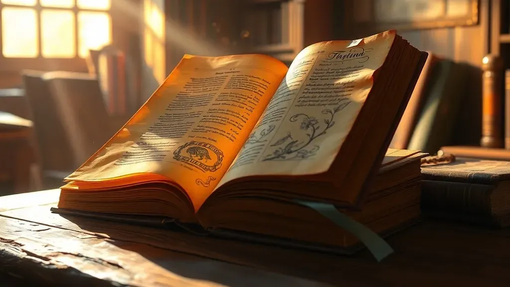 Un antiguo manuscrito medieval abierto sobre una mesa de madera, con ilustraciones botánicas extrañas y texto cifrado, iluminado por un haz de luz solar en una biblioteca antigua.