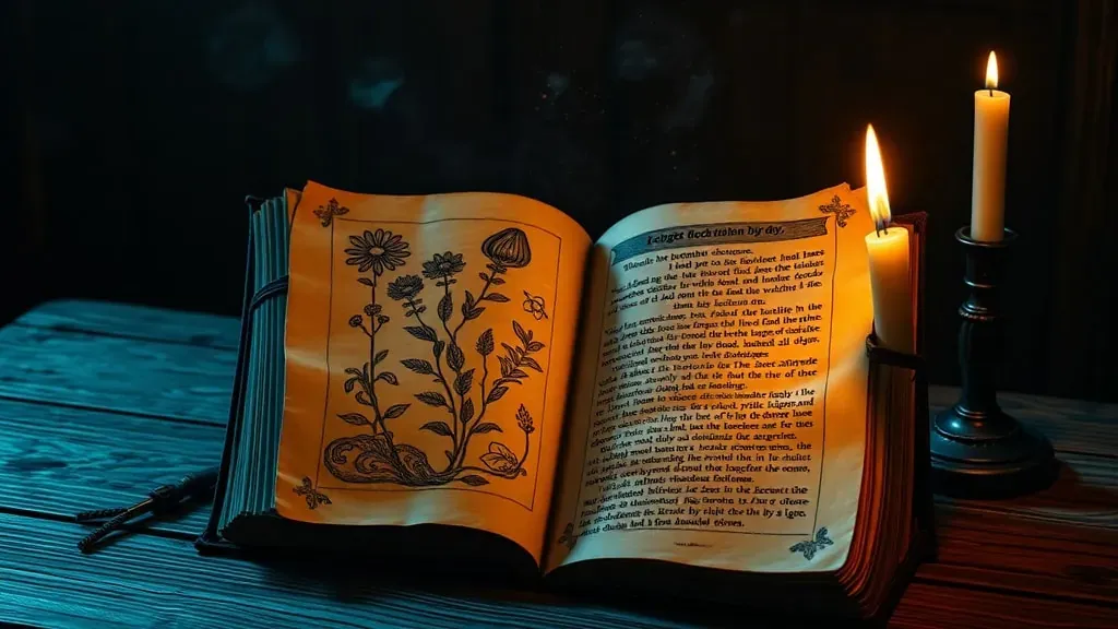 Libro medieval antiguo abierto sobre una mesa de madera con ilustraciones extrañas y texto ilegible, estilo académico oscuro.