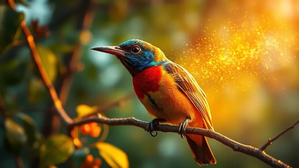 Primer plano de un pájaro cantando sobre una rama, con partículas doradas que representan ondas sonoras a su alrededor.