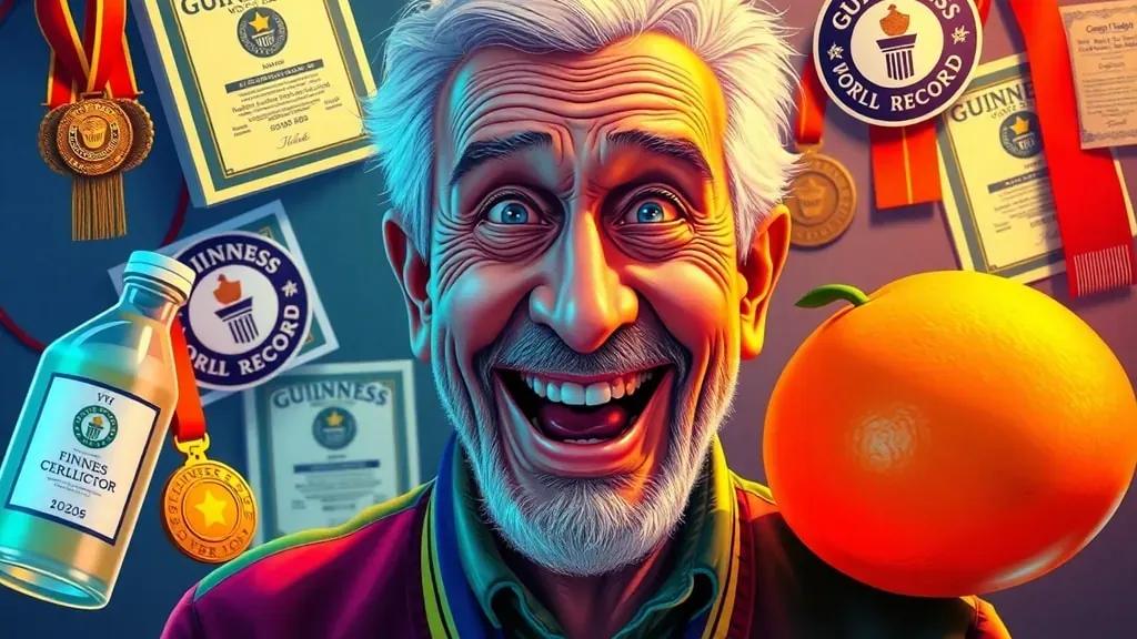 Ashrita Furman, el hombre con más récords mundiales, rodeado de certificados y objetos de sus desafíos, con una sonrisa entusiasta.